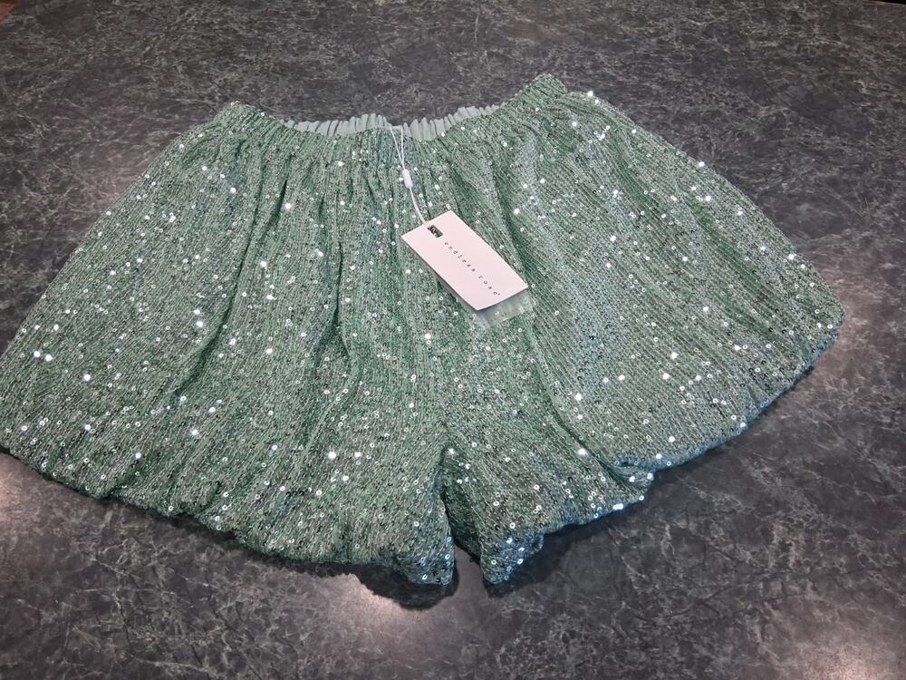 ANTHROPOLOGIE ENDLESS ROSE SEQUIN BLOUSON PUFF SHORTS WINTERGREEN Sz S NWT